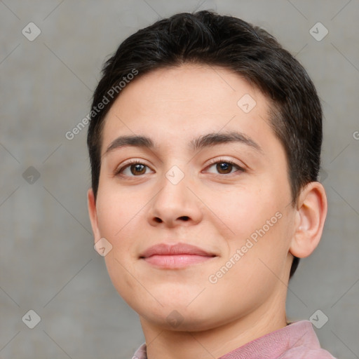 Neutral white young-adult female with short  brown hair and brown eyes