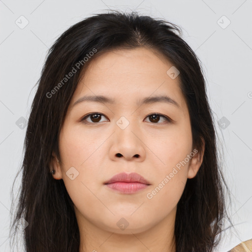 Neutral asian young-adult female with long  brown hair and brown eyes