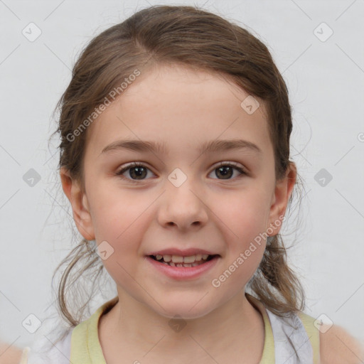 Joyful white child female with medium  brown hair and brown eyes