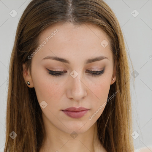 Neutral white young-adult female with long  brown hair and brown eyes