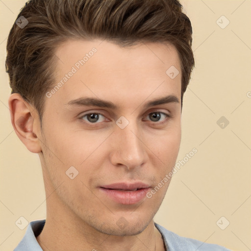 Neutral white young-adult male with short  brown hair and brown eyes