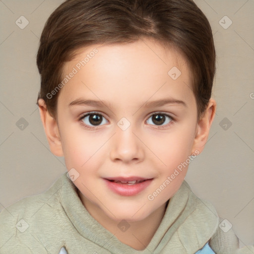 Joyful white child female with short  brown hair and brown eyes