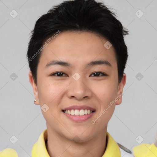 Joyful asian young-adult female with short  brown hair and brown eyes