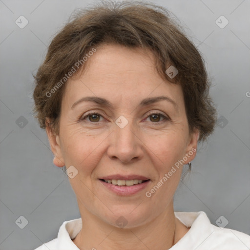 Joyful white adult female with short  brown hair and brown eyes