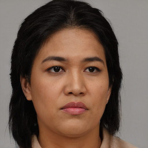 Neutral asian young-adult female with medium  black hair and brown eyes
