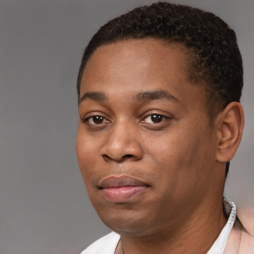 Joyful black young-adult male with short  brown hair and brown eyes