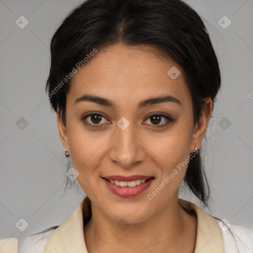 Joyful latino young-adult female with medium  brown hair and brown eyes