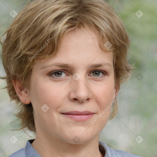 Joyful white young-adult female with medium  brown hair and blue eyes