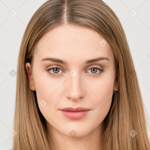 Neutral white young-adult female with long  brown hair and brown eyes