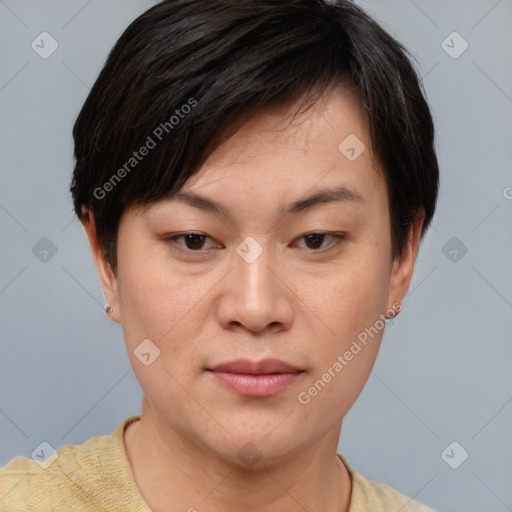 Joyful asian young-adult female with short  brown hair and brown eyes