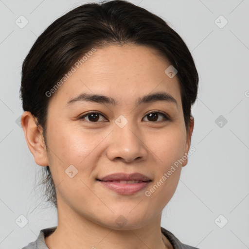 Joyful white young-adult female with short  brown hair and brown eyes