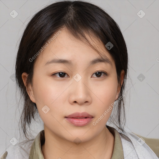 Neutral asian young-adult female with medium  brown hair and brown eyes