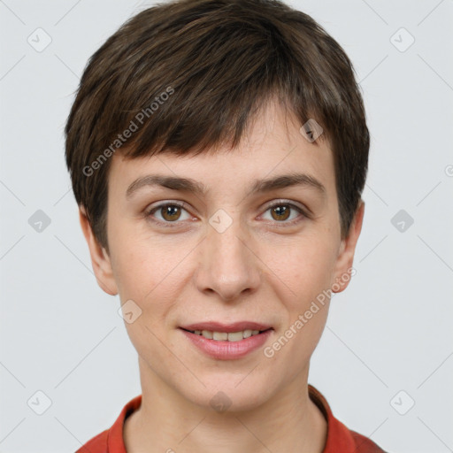 Joyful white young-adult female with short  brown hair and brown eyes