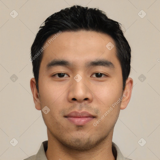 Neutral asian young-adult male with short  black hair and brown eyes