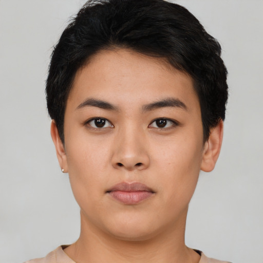 Neutral asian young-adult male with short  black hair and brown eyes