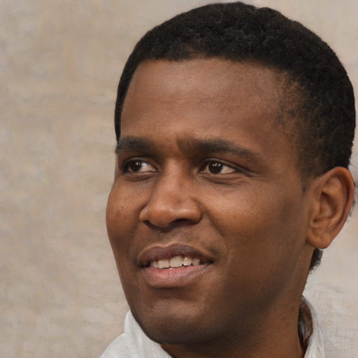 Joyful black young-adult male with short  black hair and brown eyes