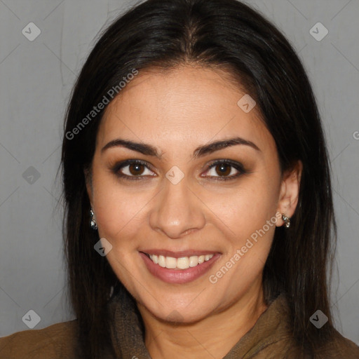 Joyful white young-adult female with long  brown hair and brown eyes