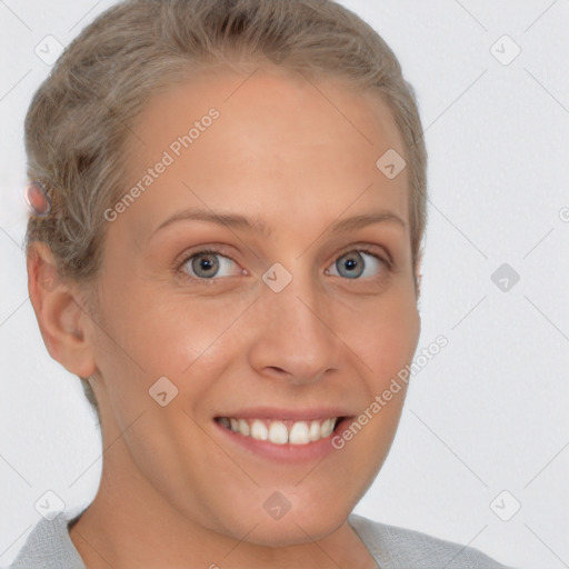 Joyful white adult female with short  brown hair and brown eyes