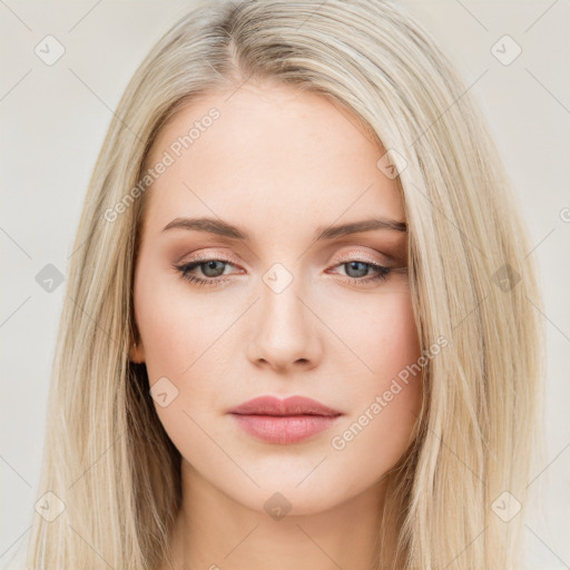 Neutral white young-adult female with long  brown hair and brown eyes