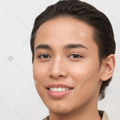 Joyful white young-adult female with short  brown hair and brown eyes