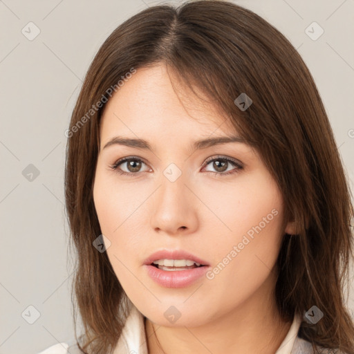 Neutral white young-adult female with medium  brown hair and brown eyes