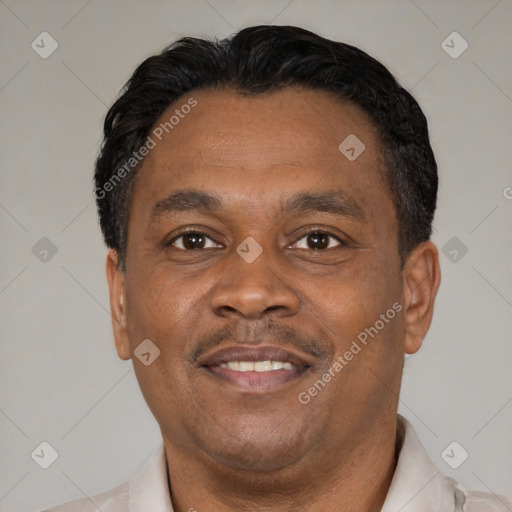 Joyful latino adult male with short  black hair and brown eyes