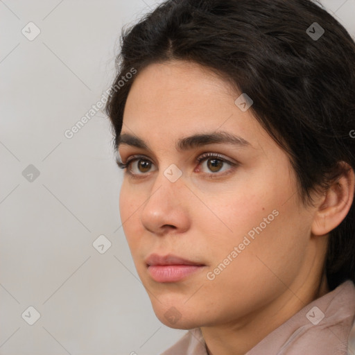 Neutral white young-adult female with short  brown hair and brown eyes