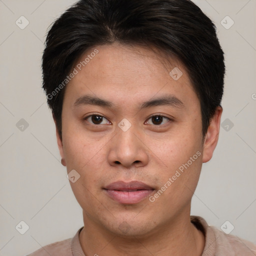 Neutral asian young-adult male with short  brown hair and brown eyes