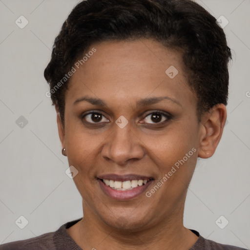 Joyful latino young-adult female with short  brown hair and brown eyes