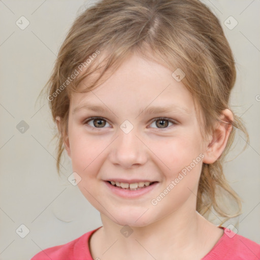 Joyful white child female with medium  brown hair and brown eyes