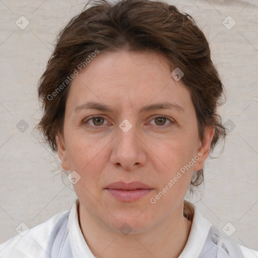 Joyful white adult female with short  brown hair and brown eyes