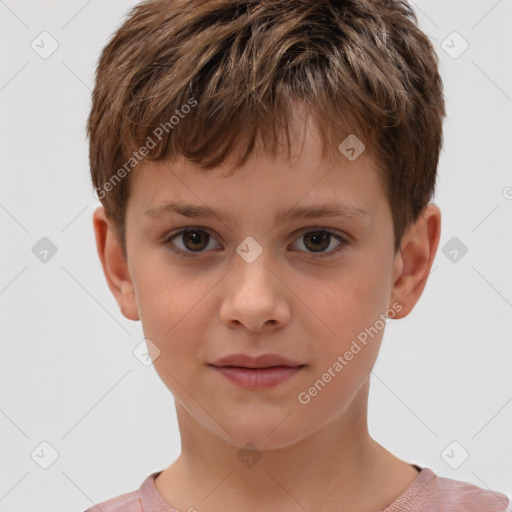 Joyful white child male with short  brown hair and brown eyes