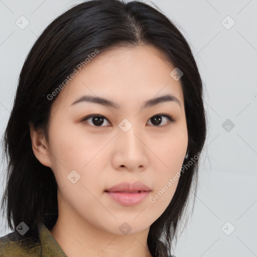 Neutral asian young-adult female with medium  black hair and brown eyes