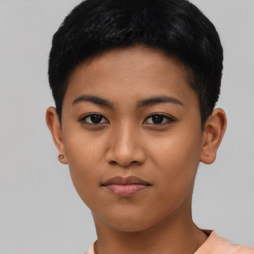 Neutral asian young-adult female with short  black hair and brown eyes