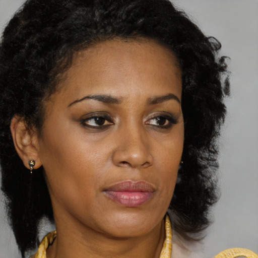 Neutral black young-adult female with medium  brown hair and brown eyes