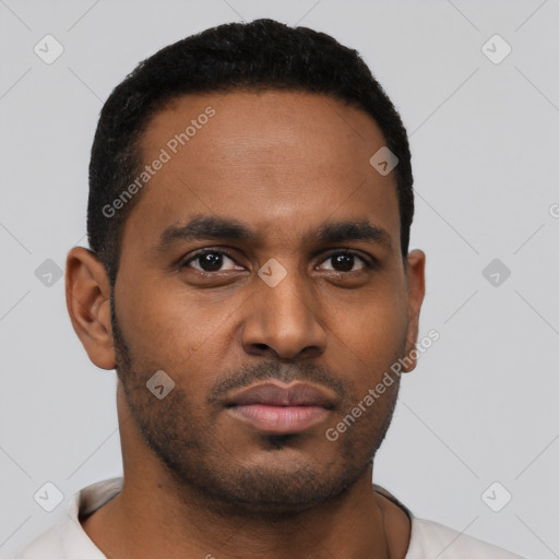 Neutral black young-adult male with short  black hair and brown eyes