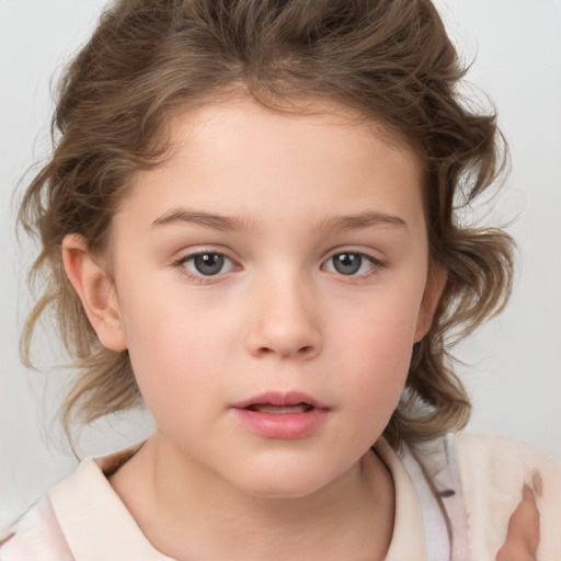 Neutral white child female with medium  brown hair and grey eyes