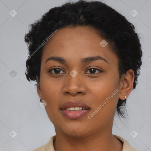 Joyful latino young-adult female with short  black hair and brown eyes