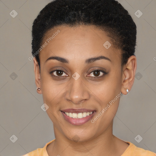 Joyful latino young-adult female with short  brown hair and brown eyes