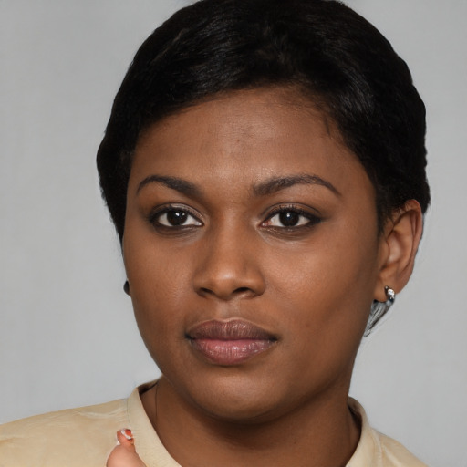 Neutral latino young-adult female with short  black hair and brown eyes