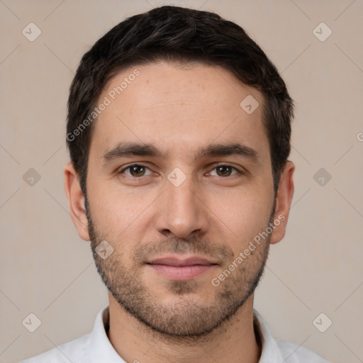 Neutral white young-adult male with short  black hair and brown eyes