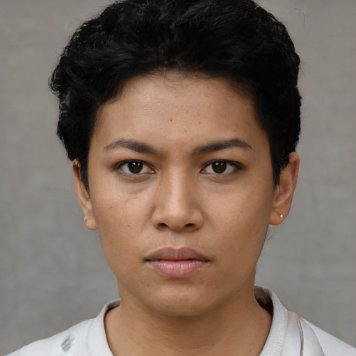 Neutral asian young-adult female with short  black hair and brown eyes