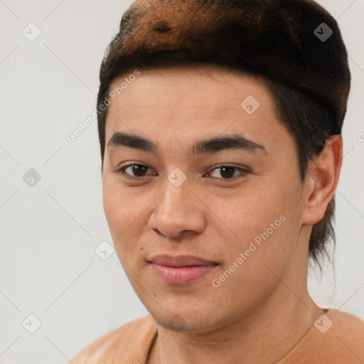 Joyful black young-adult male with short  brown hair and brown eyes