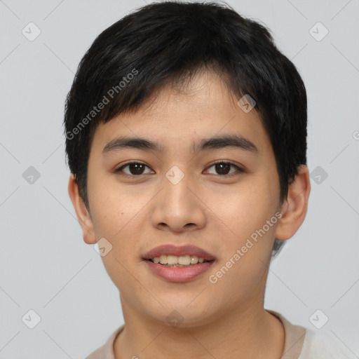 Joyful asian young-adult male with short  black hair and brown eyes