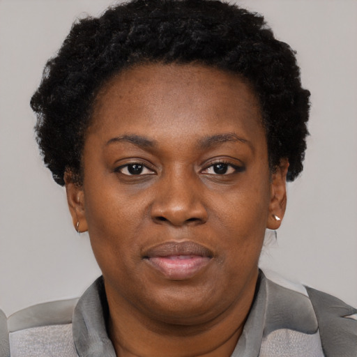 Neutral black young-adult female with short  black hair and brown eyes