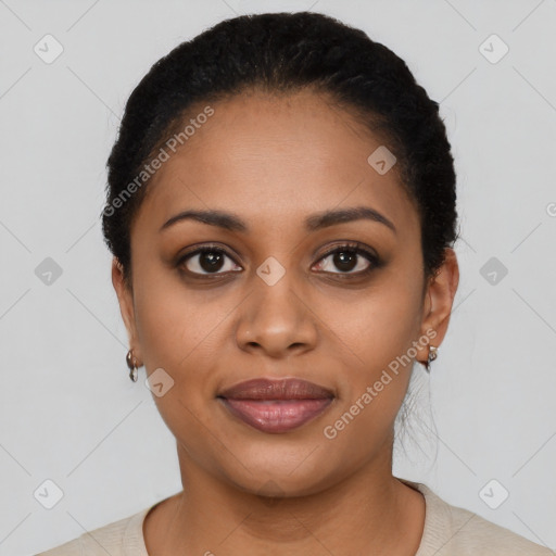 Joyful latino young-adult female with short  black hair and brown eyes