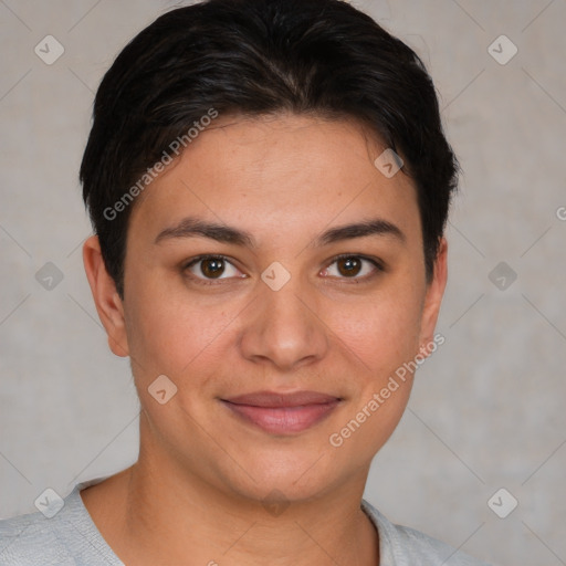 Joyful white young-adult female with short  brown hair and brown eyes