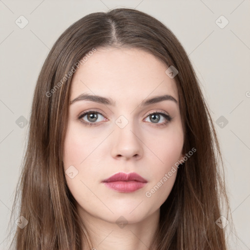 Neutral white young-adult female with long  brown hair and brown eyes