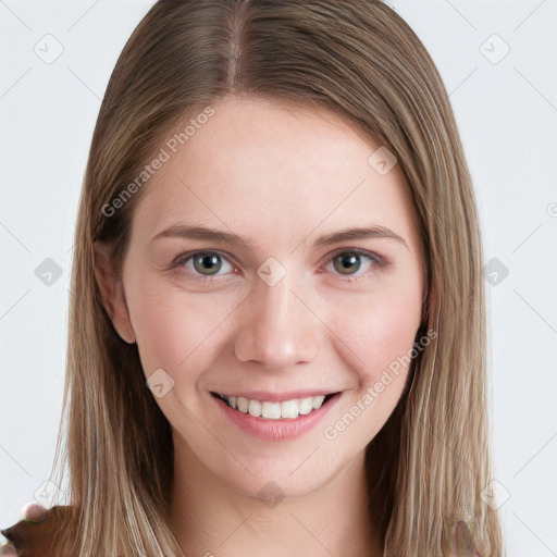 Joyful white young-adult female with long  brown hair and blue eyes