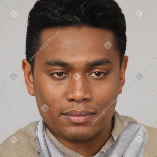 Joyful black young-adult male with short  black hair and brown eyes